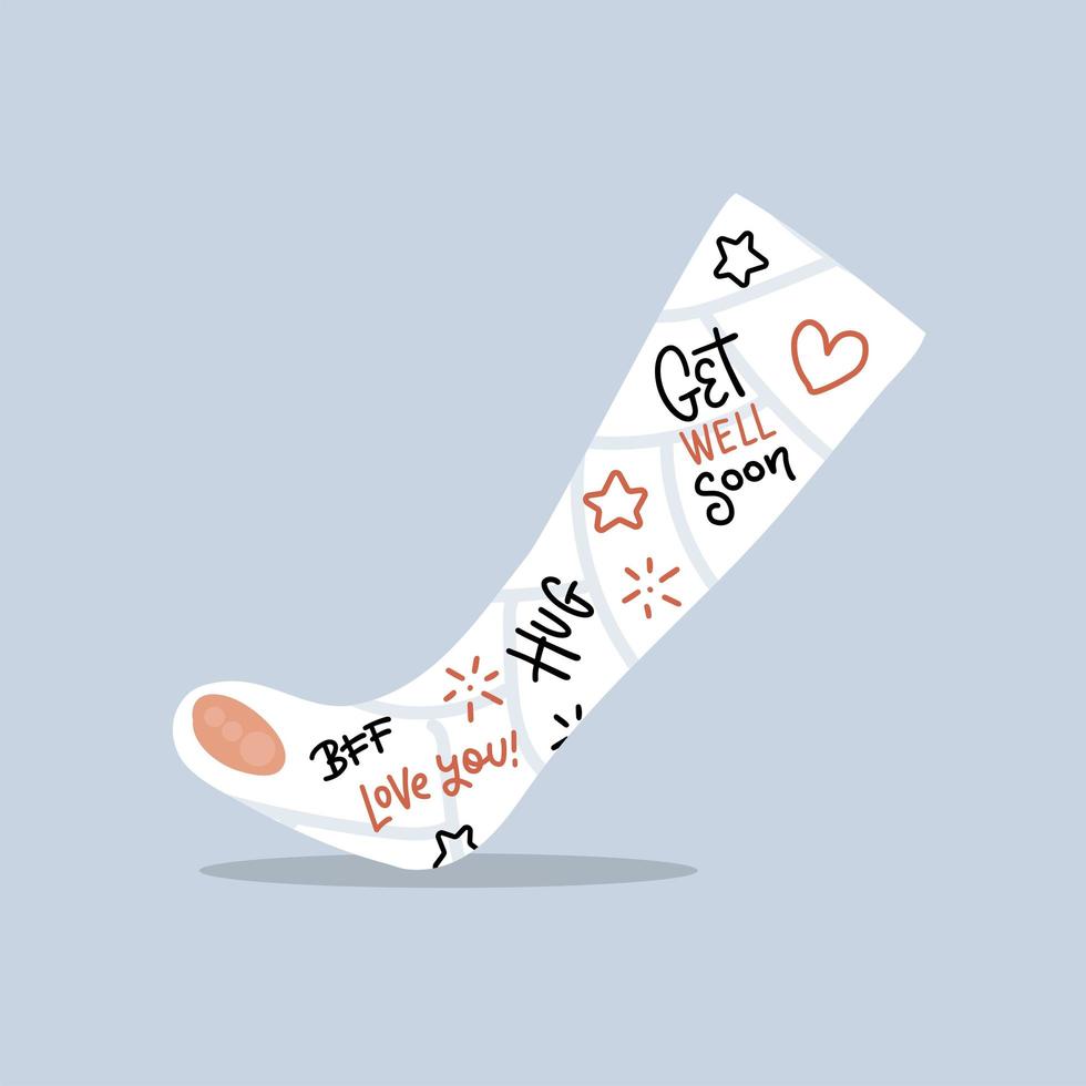 Broken leg cast with positive writings from friends and family. Love concept. Injured limb in gypsum plaster. Good get well soon wishes. Media glyph graphic icon. Flat vector illustration.