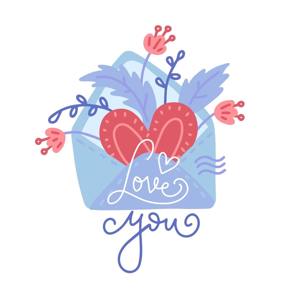 sobre dibujado a mano, con corazón, flores y letras te amo. elemento de diseño de tarjeta de felicitación del día de san valentín en estilo plano de dibujos animados aislado en blanco para impresiones, invitaciones, camisetas, logotipos vector