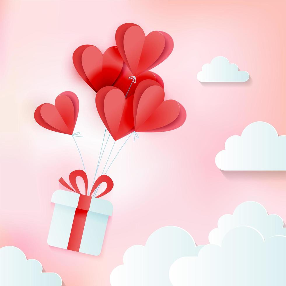 Greeting card of love and Valentine s day with bunch of heart baloons with gift in clouds. Paper cut style. Vector cozy pink illustration