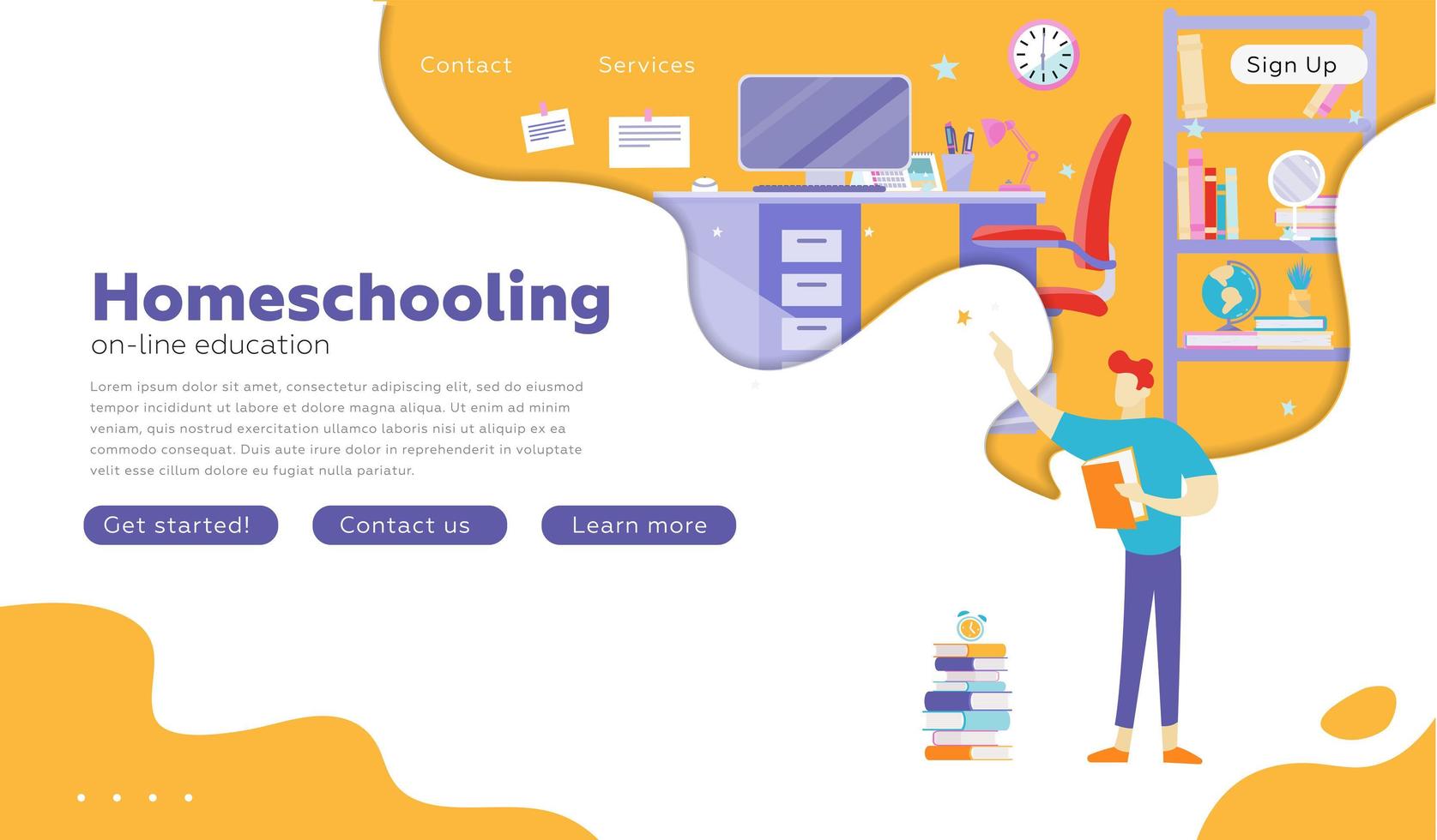People studying at online school, home interior, student room. Service, literature, study concept. Presentation slide template, landing page. Vector illustration for topics like knowledge, education