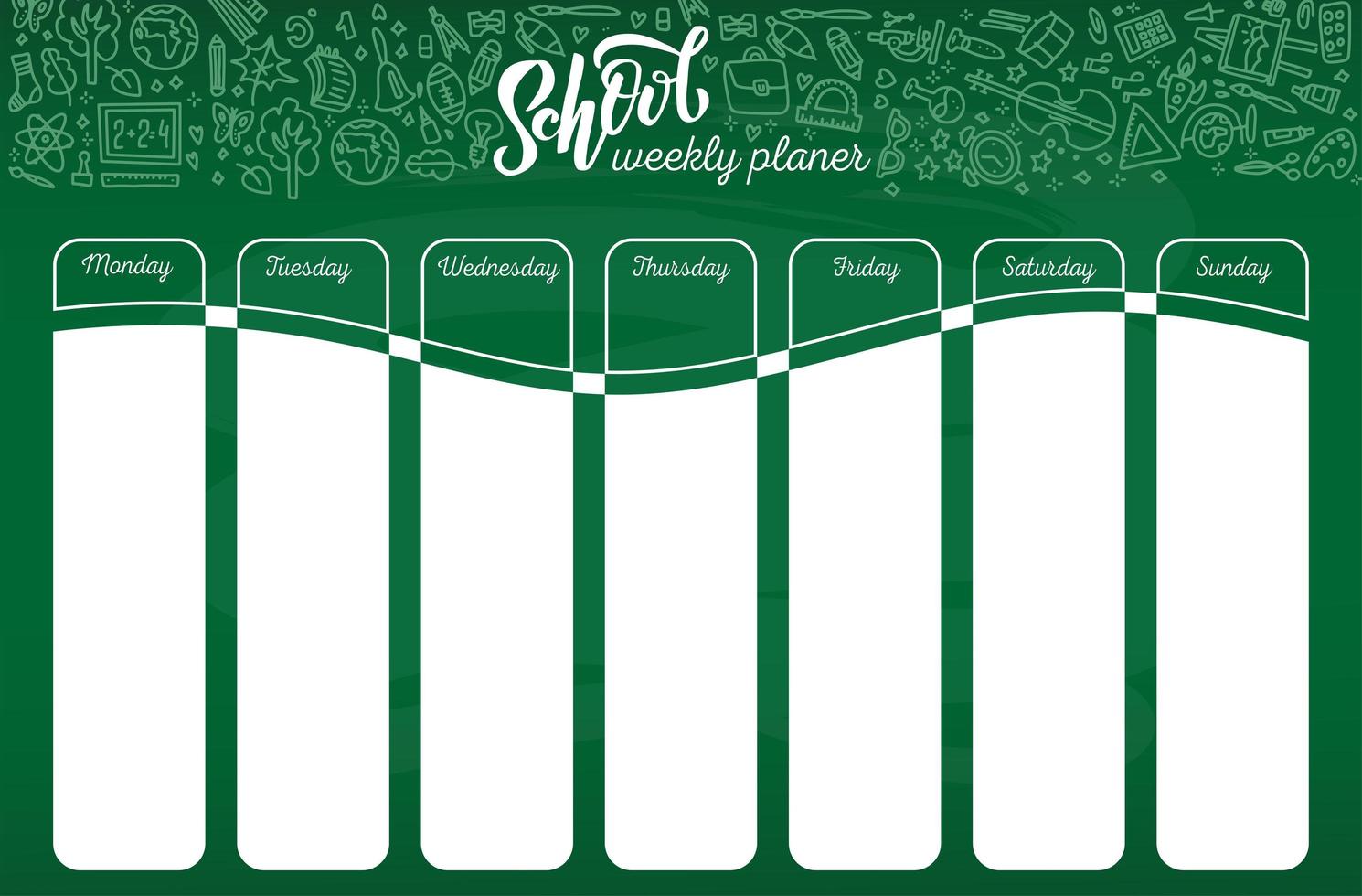 School timetable template on chalk board with hand written white chalk lettering text. Weekly lessons schedule in sketchy style decorated with hand drawn school doodles on green board. vector