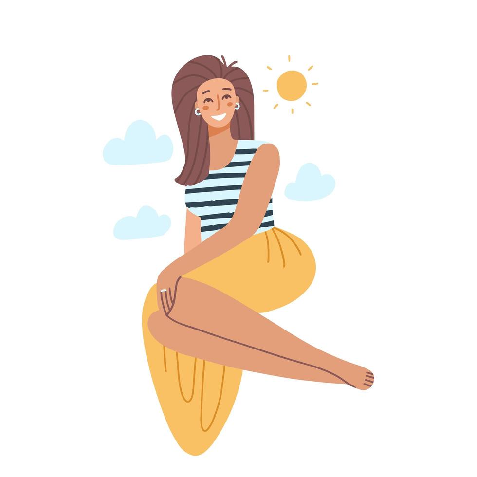 linda chica sentada en un suelo entre las nubes y el sol. ropa de verano - falda y chaleco a rayas. soñador, estilo de vida, relajación, planes para el futuro. ilustración de moda de vector dibujado a mano plana