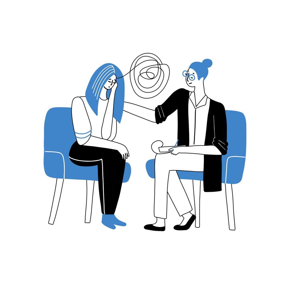 Crying girl at a psychologist s appointment. Psychotherapy concept of treating mental problems or depression. Female psychologist supports the client. Doosle linear vector illustration.