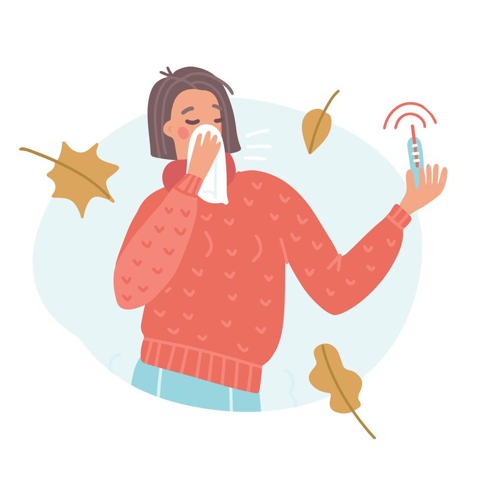 Young woman sneezing or coughing in handkerchief with high temperature thermometer. Concept of fever, flu, COVID-19, virus protection, prevention, infection, virus pandemic. Flat vector illustration.