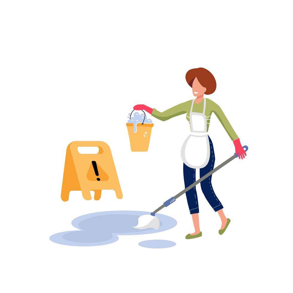 mujer sonriente con delantal blanco limpiando el suelo con un trapeador, sosteniendo un balde de agua. cerca de la señal de precaución del piso mojado. trabajador profesional de la empresa de servicios de limpieza. ilustración de carácter vectorial plano. vector