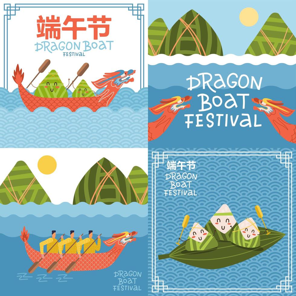 Set of square banners. Two chinese rice dumplings cartoon characters in red dragon boat. Duanwu or Zhongxiao. River landscape with chinese dragon boat with men .Translation - Dragon Boat festival. vector