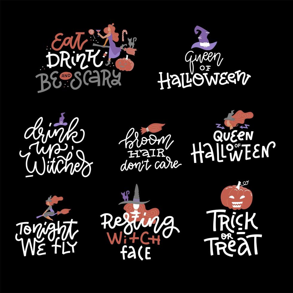 Happy Halloween overlays, lettering labels design set. Trendy holiday badges. Hand drawn isolated emblem with quote and illustrations. Witch party sign or logo. Halloween photo overlays design vector