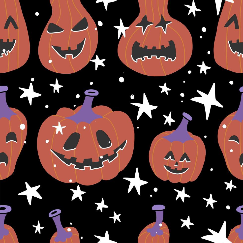 Halloween seamless bright kids doodle pattern. The day of the Dead, Pumpkin with scary faces and stars. Flat vector illustration on black background.