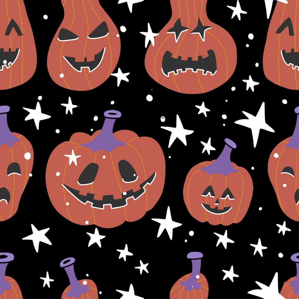 patrón de garabato de niños brillantes sin costuras de halloween. el día de los muertos, calabaza con caras de miedo y estrellas. ilustración de vector plano sobre fondo negro.