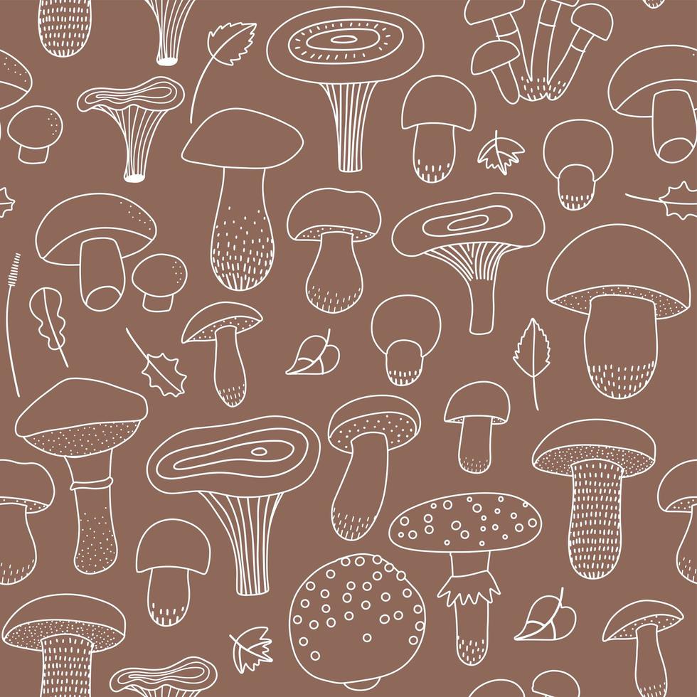 Edible and inedible mushroom seamless pattern with a collection of linear icons on a brown craft background. Vector outline hand drawn illustration.
