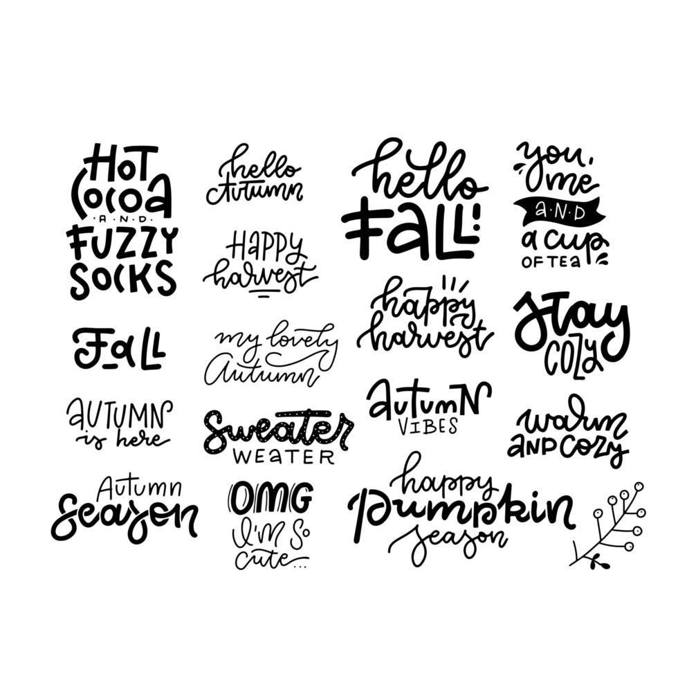 Set of 16 inspirational cute fall calligraphy handwritten quotes and phrases. Hello autumn, sweater weather, autumn vibes, stay cozy, etc. Vector hand ddawn lettering illustration