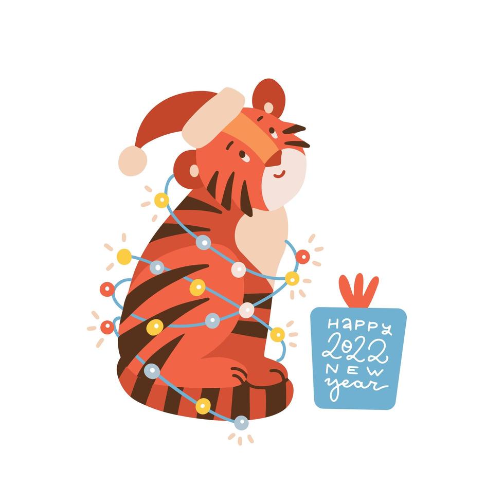 Happy New Year 2022 greeting card. Little tiger cub with a gift box with an inscription tangled in a garland. Symbolyear of the zodiac animal, cartoon vector illustration isolated on white background