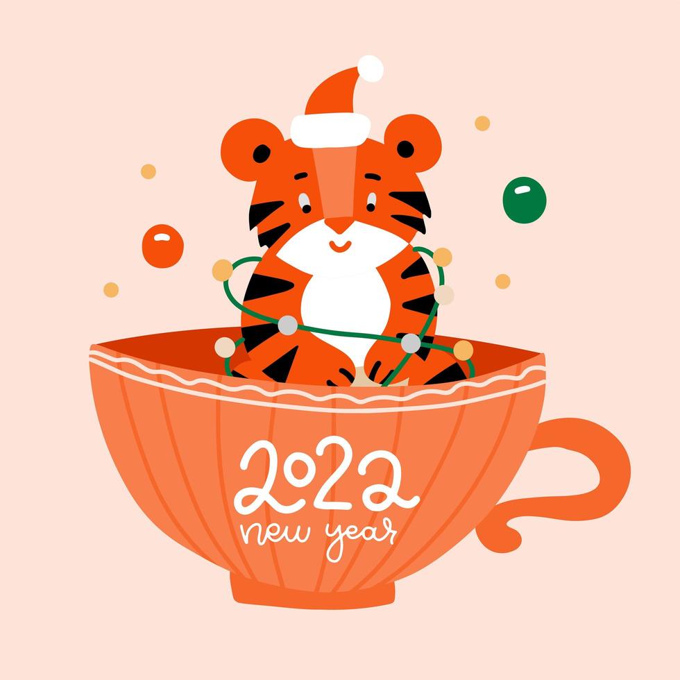 Cute tiger character sitting in big cup. Christmas and New 2022 year greeting card. Funny postcard with animal symbol of the year. Flat vector illustration.