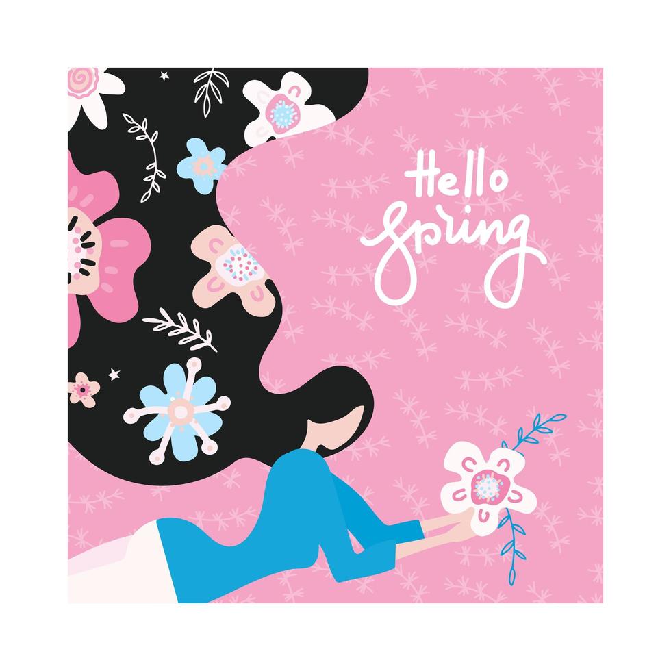 Hola primavera. niña feliz soñando con la primavera con el pelo lleno de flores. Ilustración de vector de saludo lindo dibujado a mano con letras aisladas sobre fondo floral de patrón rosa.