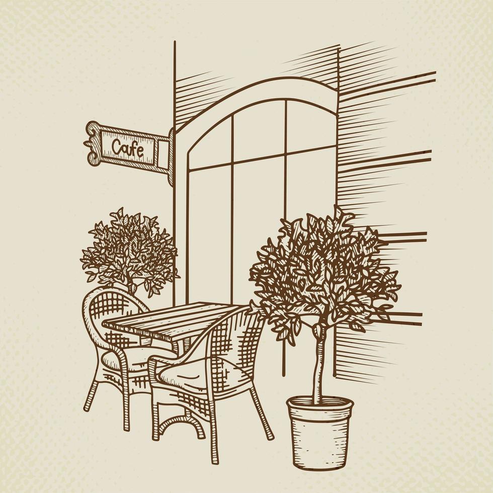 café callejero en la ilustración gráfica del casco antiguo. café al aire libre dibujado a mano - mesa, dos sillas y planta. boceto para el diseño del menú, restaurante de bocetos, arquitectura exterior, ilustración vectorial vintage de papel vector