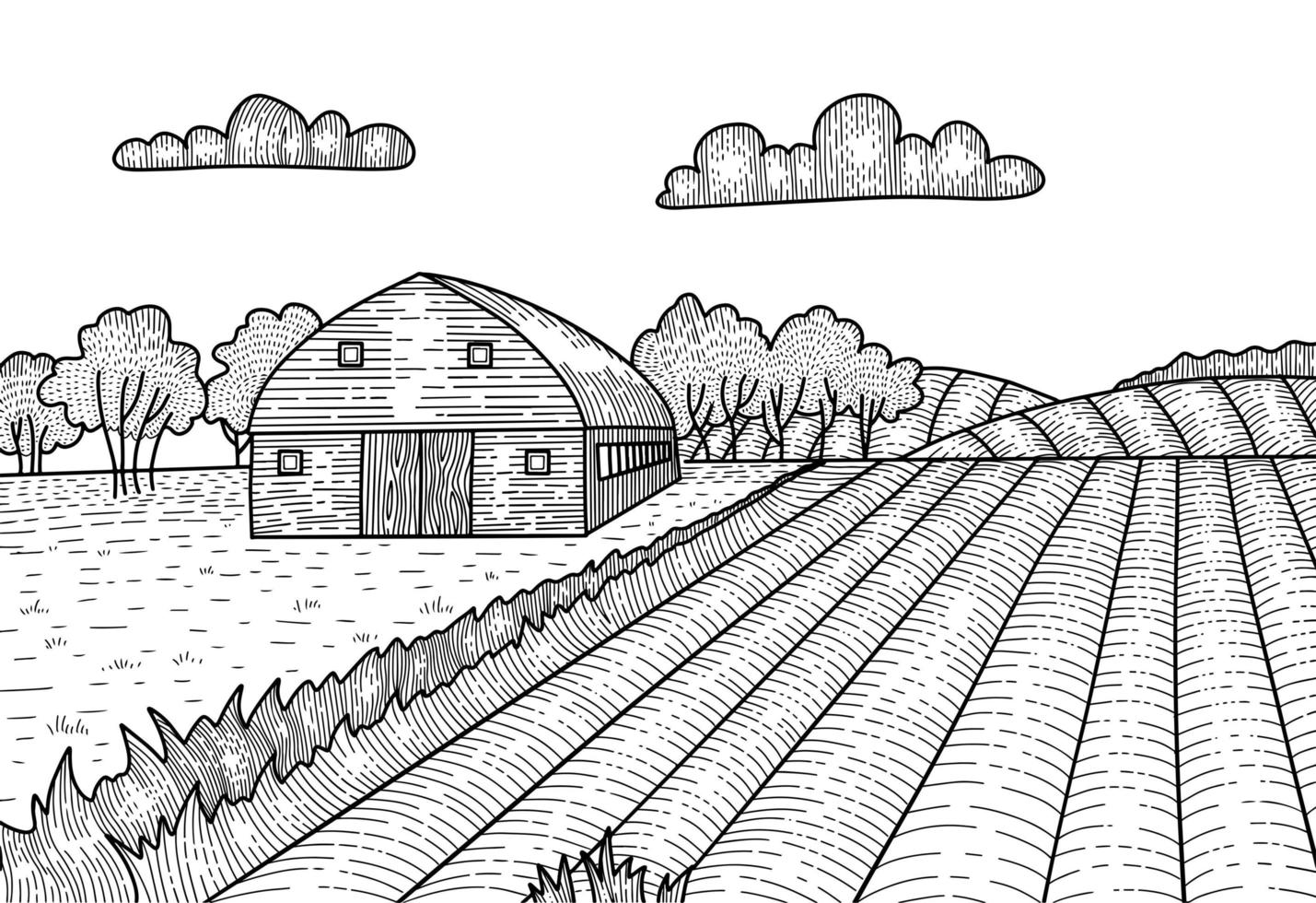paisaje rural en estilo gráfico grabado. boceto dibujado a mano