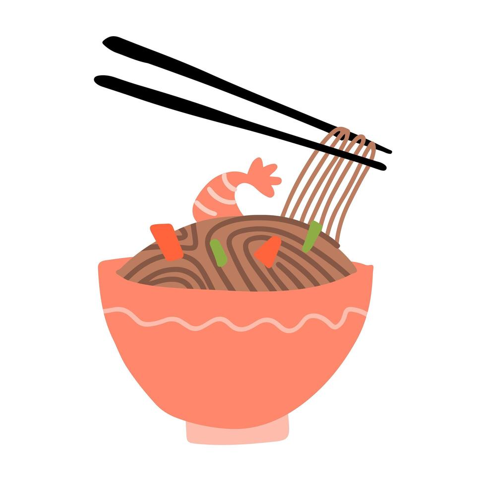 los fideos de trigo sarraceno en un tazón y los palillos contienen soba. ilustración vectorial de fideos soba cocidos con gambas, verduras en dibujos animados de estilo plano simple aislado en fondo blanco. comida japonesa. vector