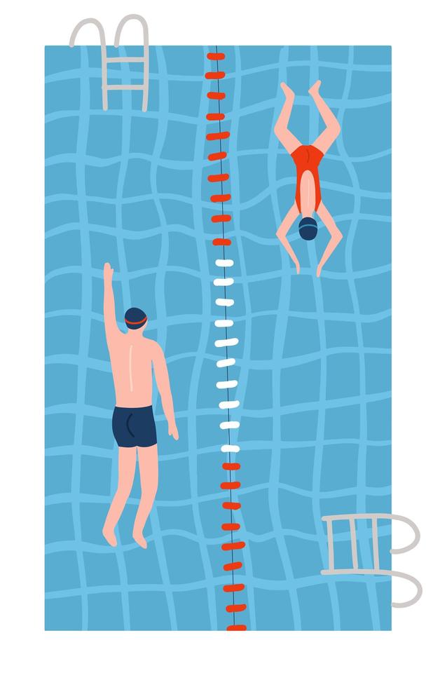 People in swimsuits swiming in the pools. Swimming pool top view flat vector illustration. Male and female athletes go in for sports.