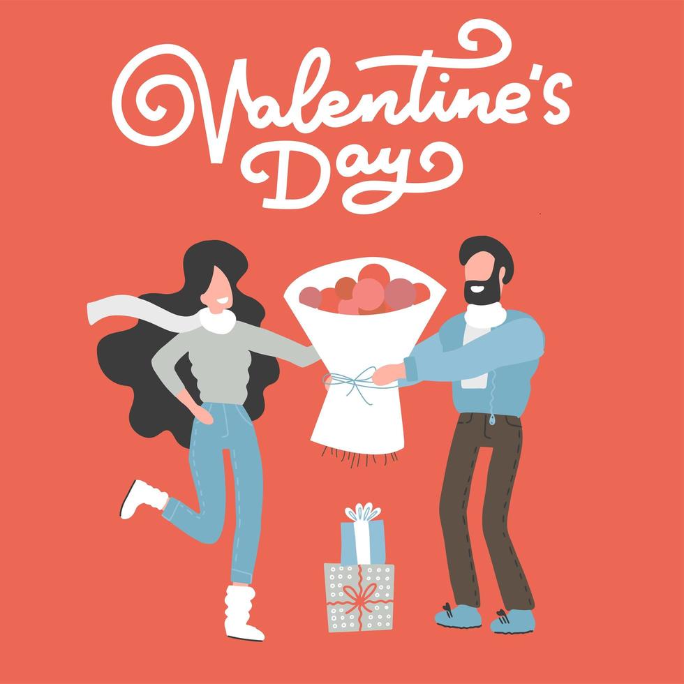 Valentine s day card with happy couple. Man giving to his woman a bouquet of flowers. Flat hand drawn Vector illustration.