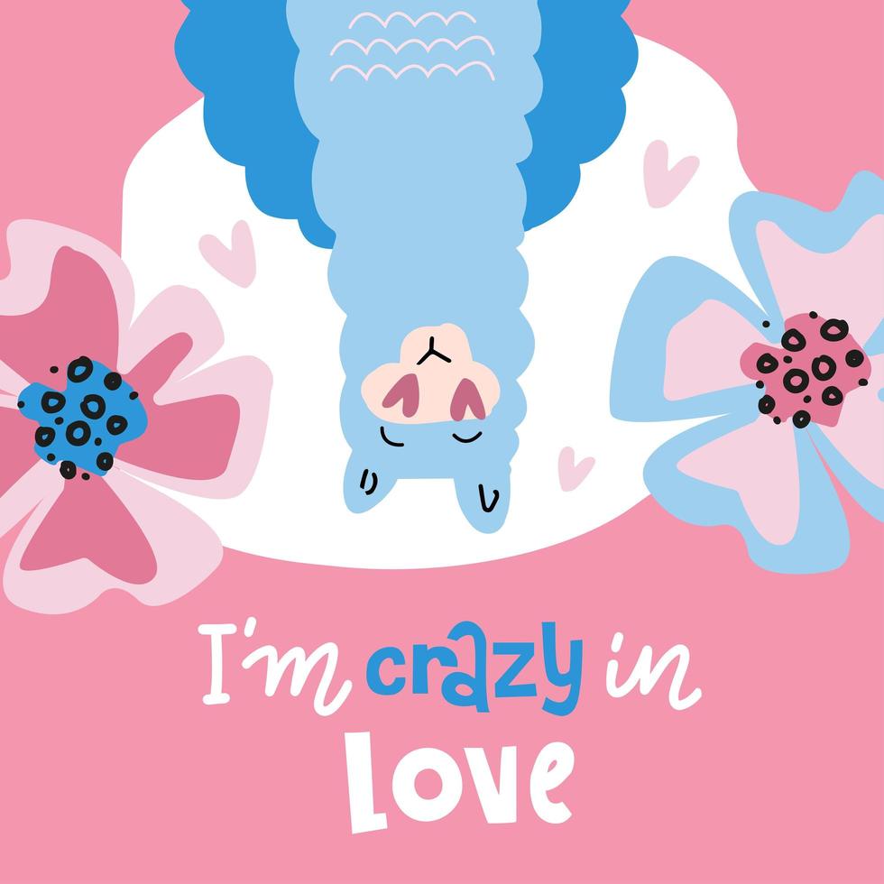 llama al revés, ilustración gráfica vectorial de alpaca esponjosa azul, aislada en fondo rosa con flores grandes. cabeza de llama con ojos de corazón de amor. estoy loco de amor - letras cita de san valentín vector