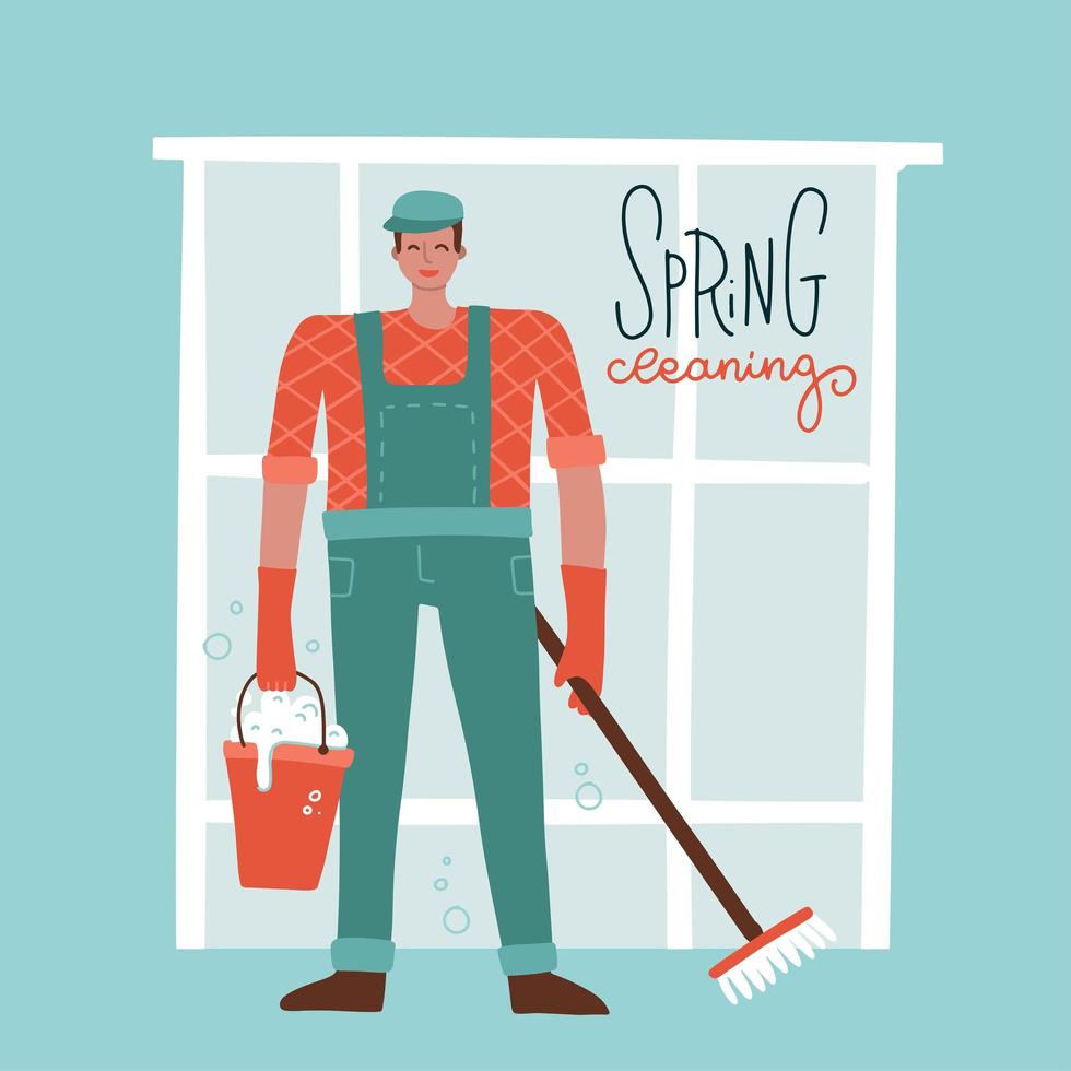 Man cleaning staff with mop and bucket. Happy male janitor in cap and uniform with equipment for washing floor. Male professional house worker or office cleaner. Flat vector illustration.