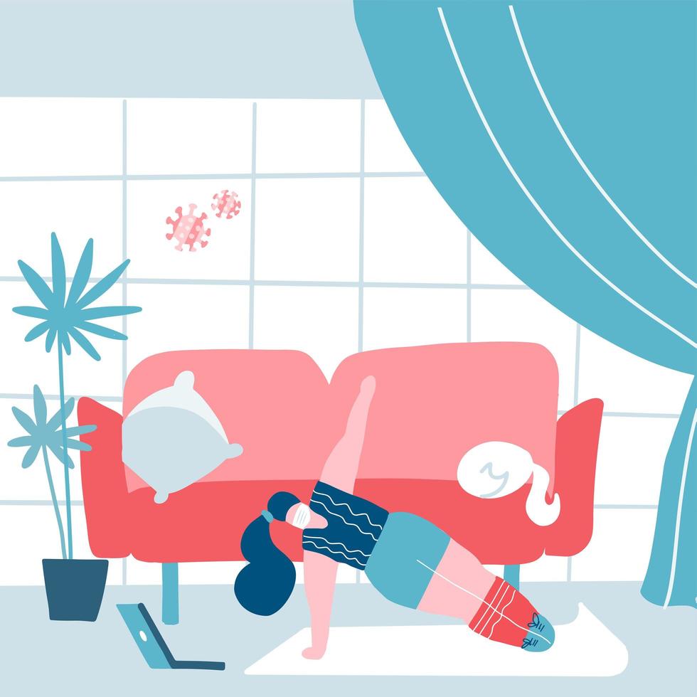 COVID-19 virus outbreak. People are quarantined at home to prevent spread of infection. Masked woman practices yoga at home. Coronavirus outside. Keep calm during quarantine. Flat vector illustration