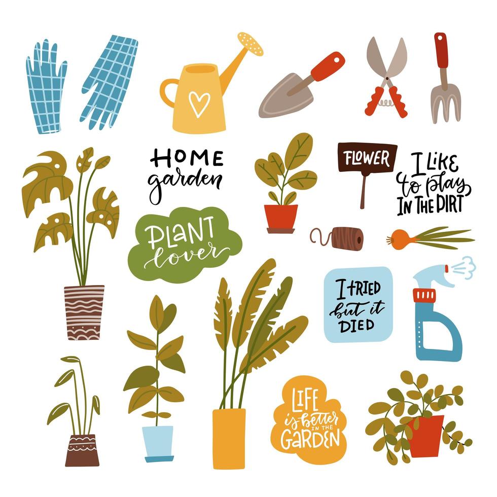Set of home gardening tools isolated on white background. Bundle of equipment for agricultural work, houseplant cultivation or transplantation, work in home garden. Flat cartoon vector illustration.