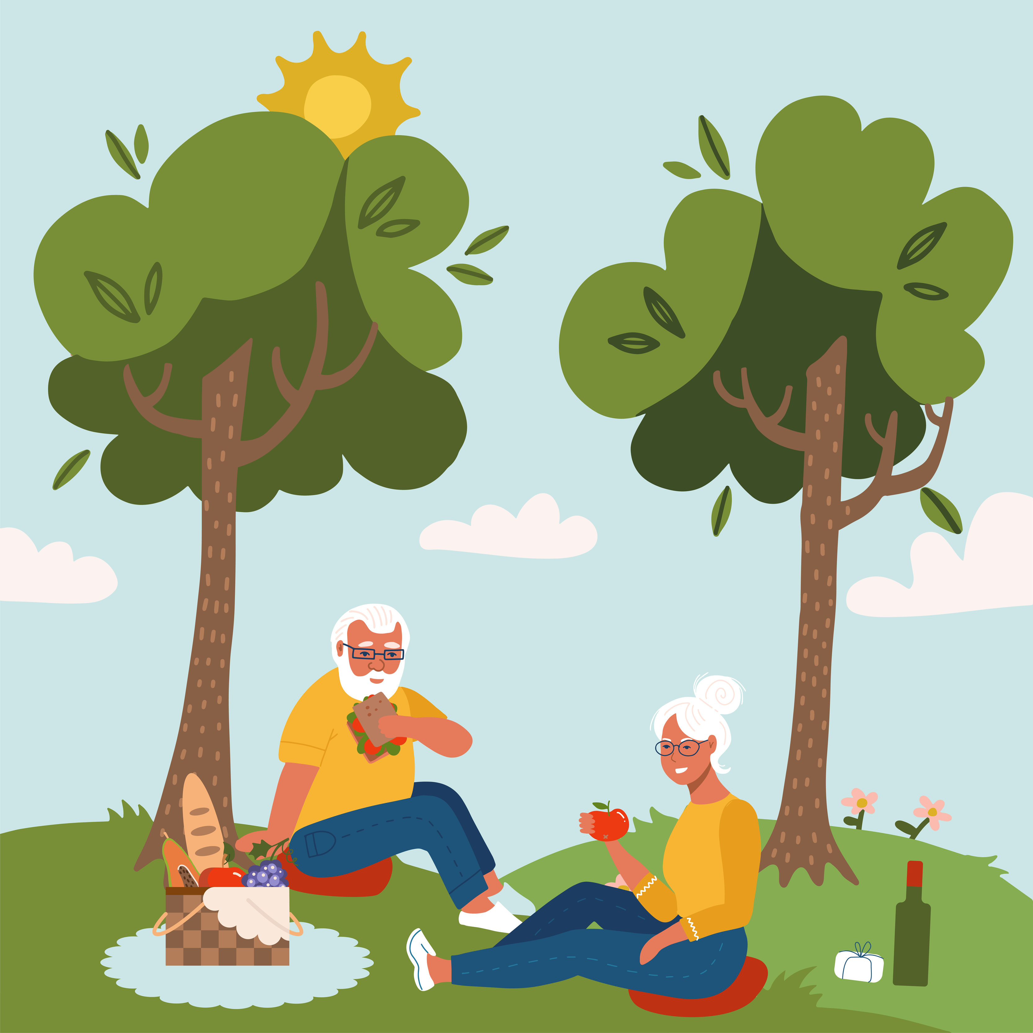 Happy elderly couple having romantic dinner outdoor. Pair of smiling old man  and woman eating meals and drinking wine on picnic under the trees. Flat  cartoon vector illustration. 6017217 Vector Art at