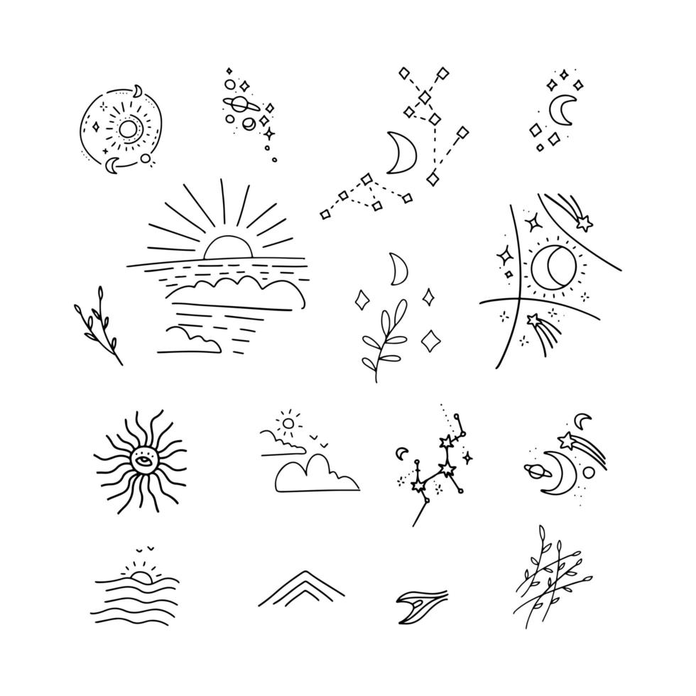 Collection of doodle decor elements - rising or setting sun, moon, clouds and stars symbols. Set of day and night time pictograms drawn with black lines on white background. Linear vector illustration