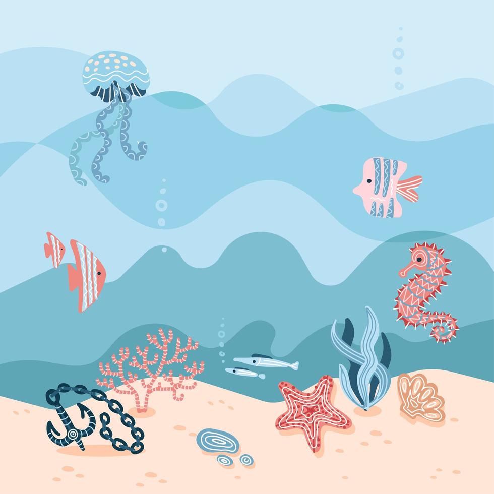 Hand drawn vector cartoon summer time illustration background with ocean bottom,corals reefs, seaweed , marine inhabitants, fishes,anchor, seahorse, starfish, jellyfish,coral, sand on blue water waves