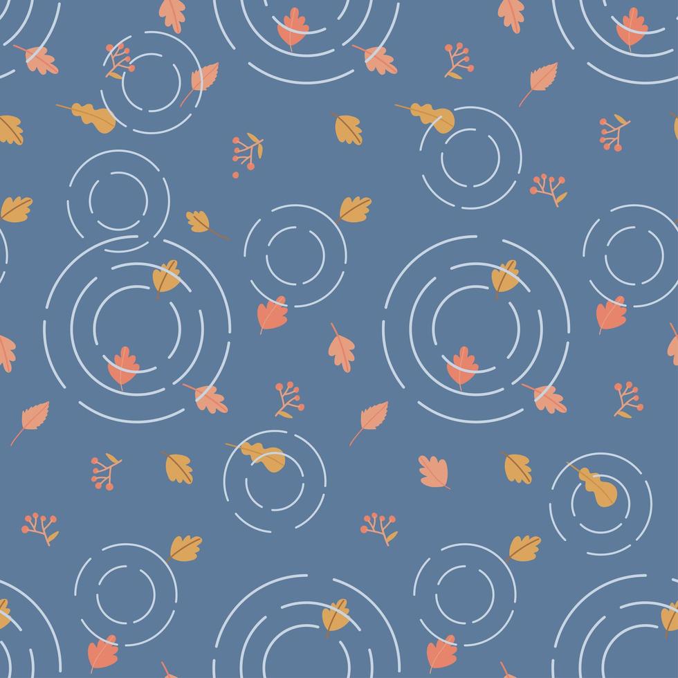 Autumn leaves in a blue Puddle with circles on the water. Top view fall underfoot ground. Vector Seamless Pattern. Flat hand drawn illustration.
