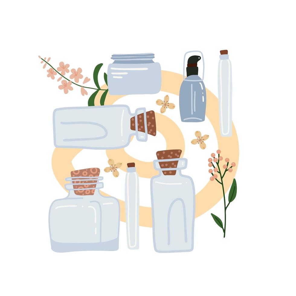 The concept of organic natural cosmetics composition. Glass Tubes of lotion, oil, cream, serum. On the background of green leaves, plants, abstract shapes. Flat style vector illustration.