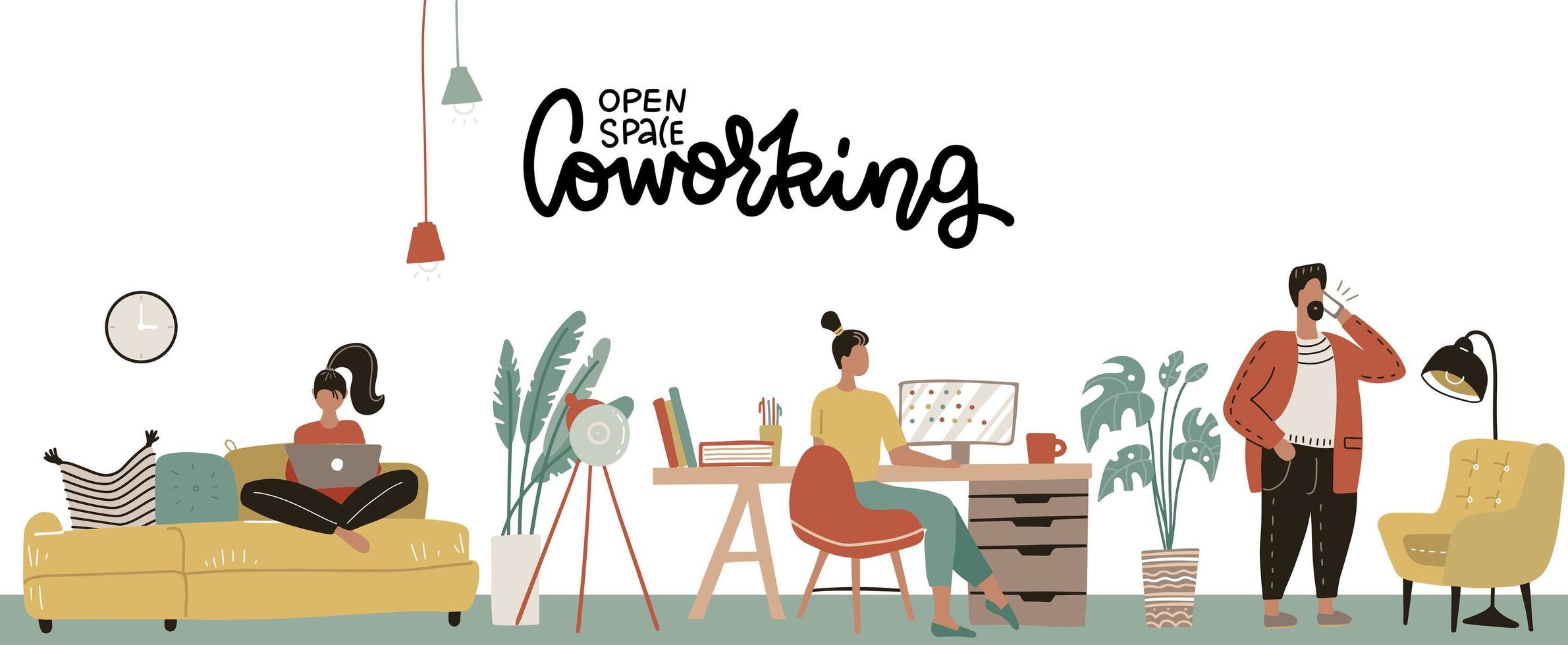 concepto del centro de coworking. espacio abierto de negocios. autónomos que trabajan en la sala creativa. interior de la oficina moderna. desarrollo de aplicaciones. ilustración vectorial de estilo de diseño plano. vector