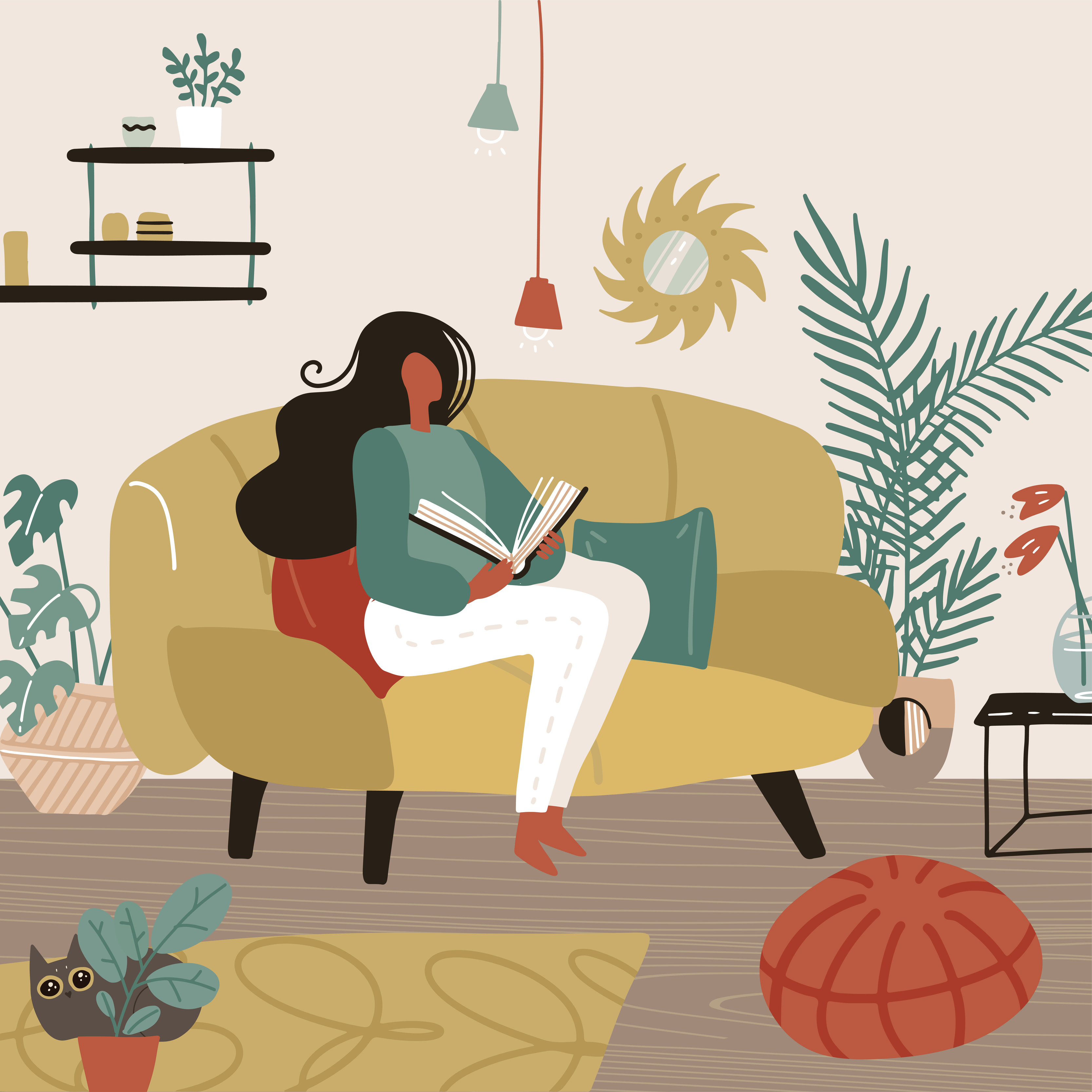 Young woman sitting on sofa in her room and reading a book. Weekend or free  time spending. Feminine time concept. Girl chilling in cozy living room.  Vector cartoon flat illustration. 6017238 Vector