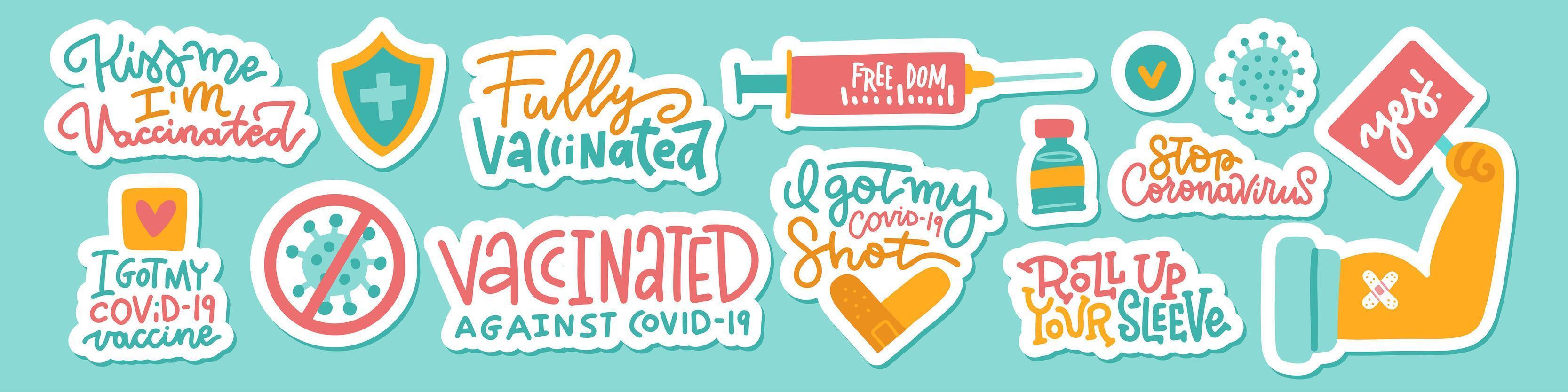 Set of illustration and lettering COVID vaccination concept. I got my shot, I got my COVID vaccine , fully vaccinated. Cute colorful health care stickers sheet. Flat hand drawn vector illustration.
