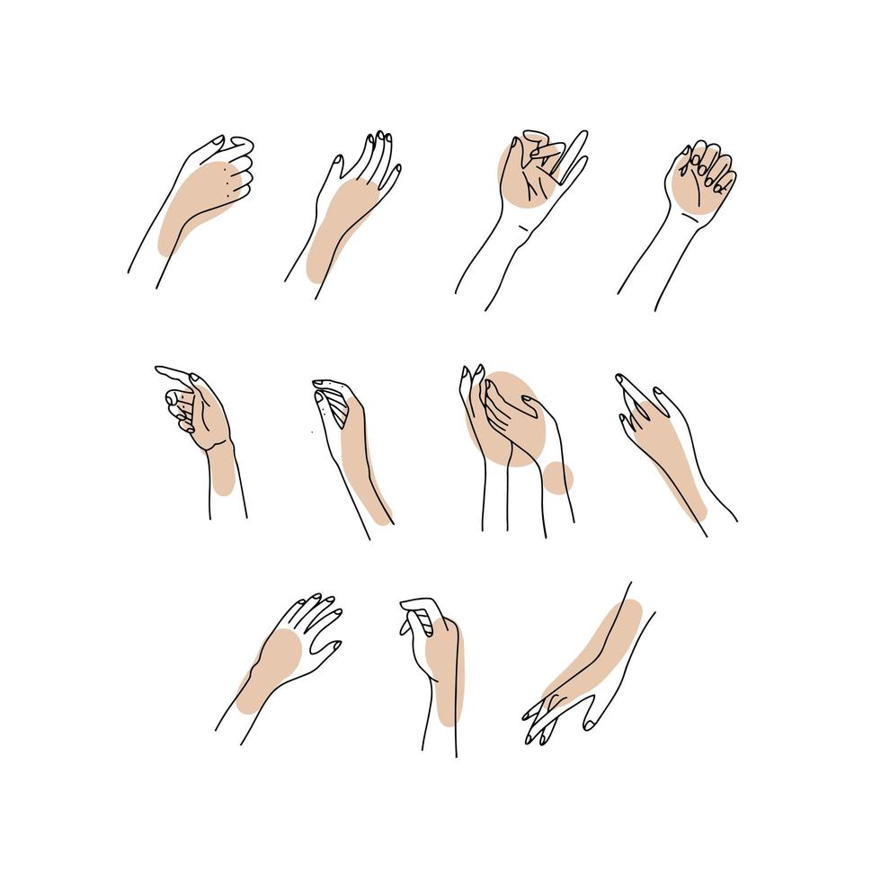 Linear Woman s hand collection. Vector sketch Illustration of female hands of different gestures. Lineart in a trendy minimalist style. Line Logo design, hand cream, nail Studio, posters, cards.