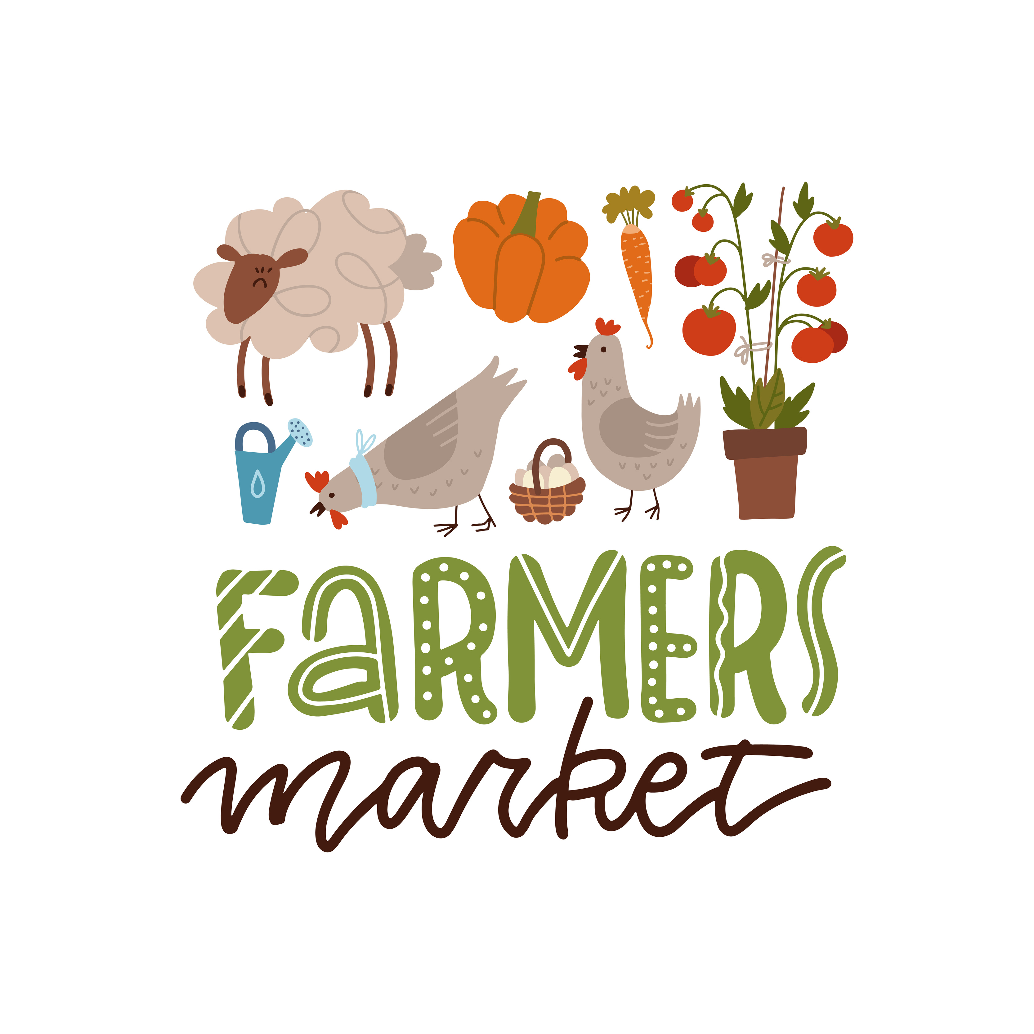 Farmer production set of tools, vegetables and farm animals in modern  vector flat cartoon style. Lettering print with hand drawn text - Farmers  garden. Local farmers market collection concept. 6017358 Vector Art