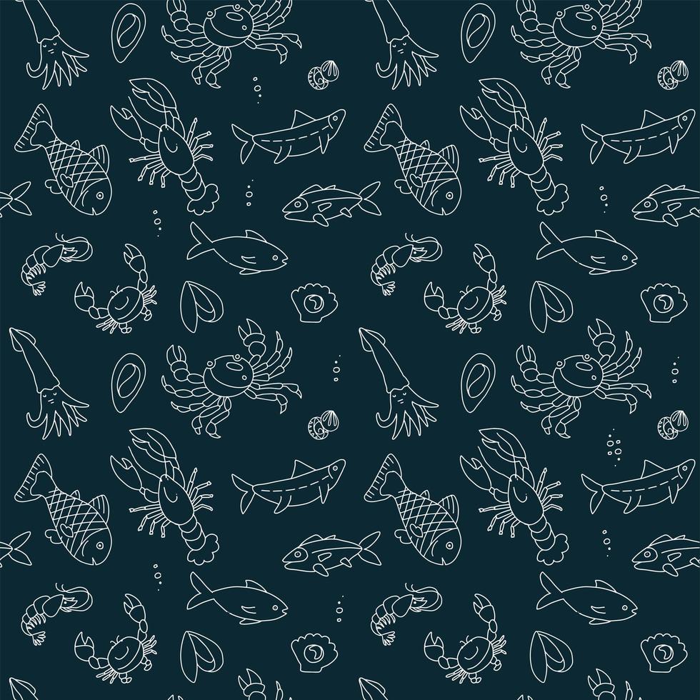 Chalk style hand drawn seafood Seamless pattern. Vector graphic collection of marine inhabitants in outline doodle style on black background. Sea animals print. Design template menu restaurant or cafe