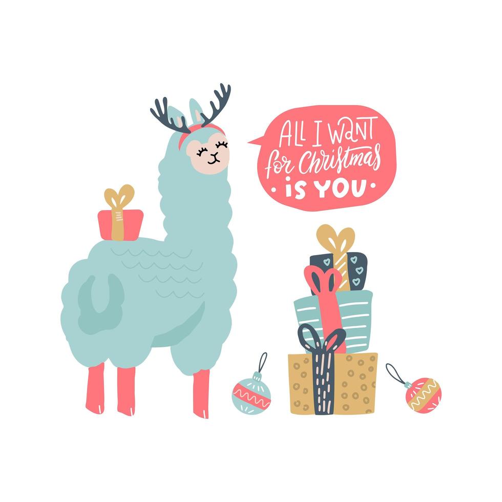 Cute llama Christmas card with lettering inscription - All I want for christmas is you - in speach bubble. New Year greeting card. Alpaca puts on deer horns for fun vector