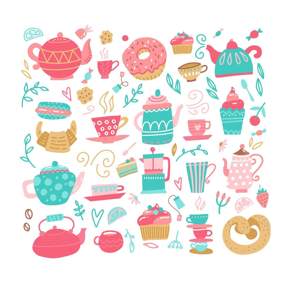 Love tea set with tea drinking elements- teacup, sweeties, candy, cake, teaspoon, teapot, teabag. Vector hand drawn color flat illustration made in cartoon style.