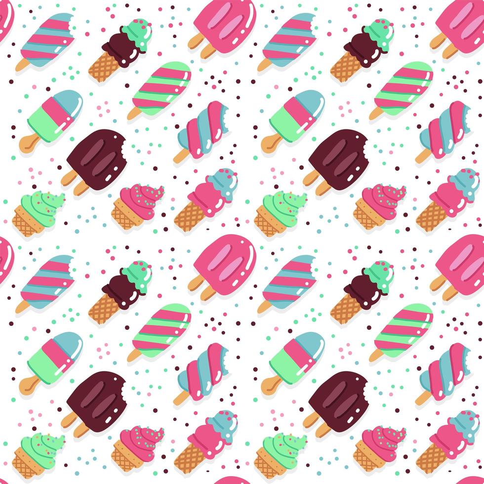 Cute summer hand drawn Seamless pattern with ice cream with popsicles on a white background with hearts. It can be used for packaging, wrapping paper, textile vector