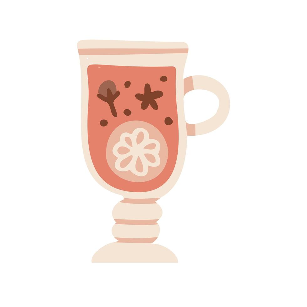 Mulled wine with orange slice and spices. Isolated Christmas drink concept. Vector flat hand drawn Illustration. Only 5 colors - Easy to recolor.