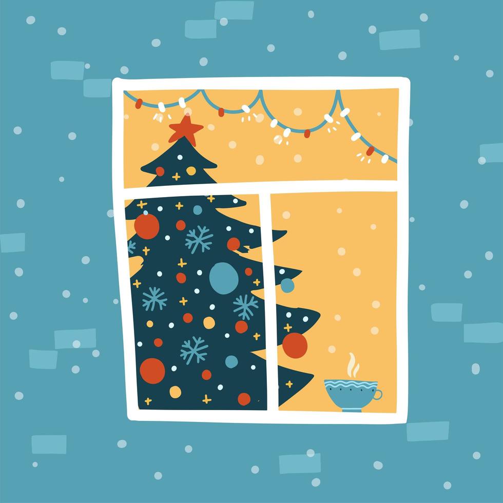 Christmas view concept. Christmas tree in the window with garland and cup of tee, view of the window from outside. New Year s card. Vector flat hand drawn illustration