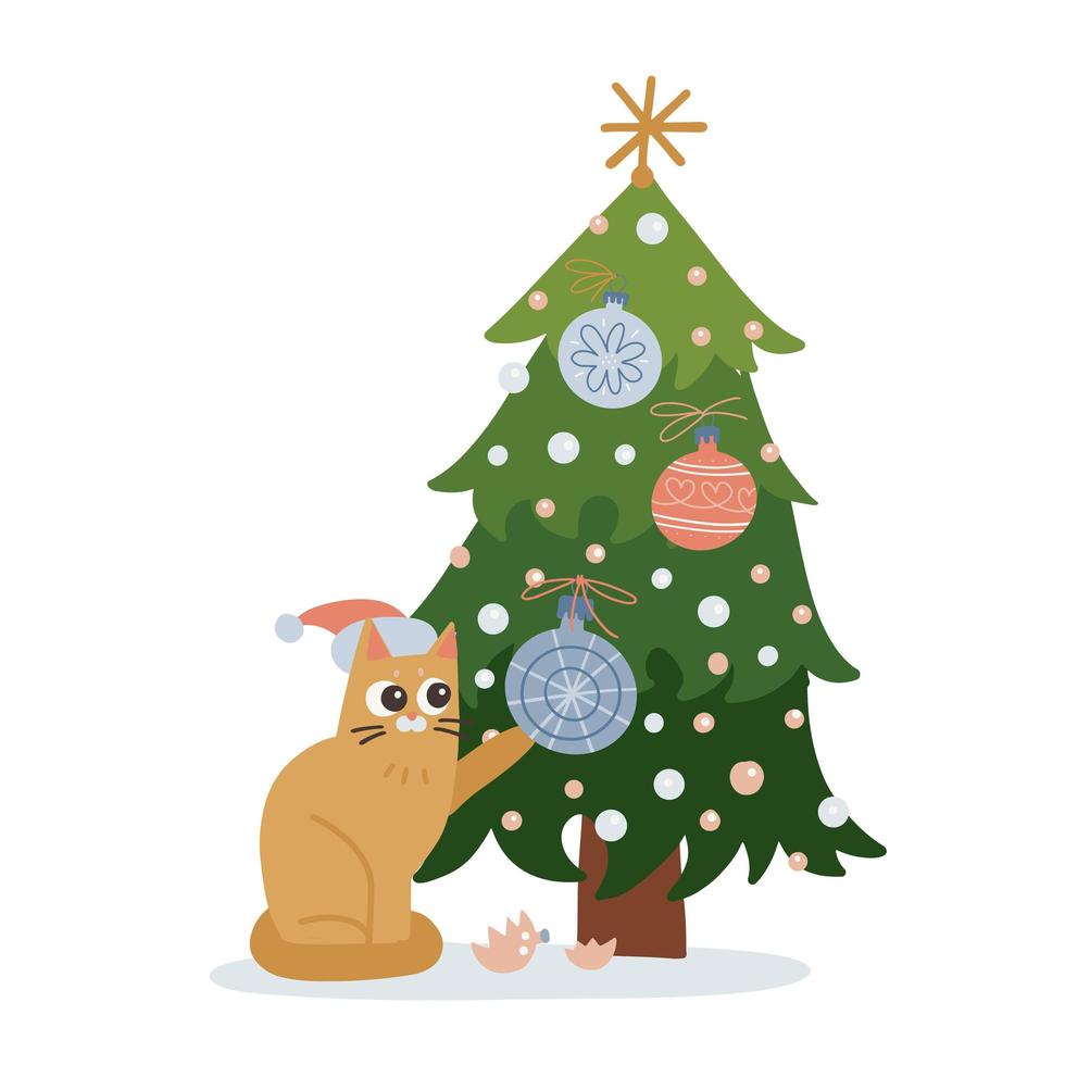 lindo gatito travieso jugando con una bola de navidad azul colgando del árbol de navidad. ilustración dibujada a mano plana vectorial aislada vector