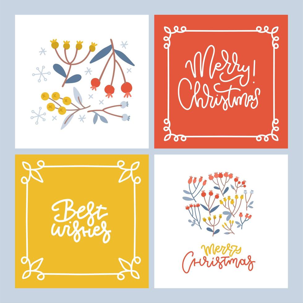 Set of Christmas greeting cards with hand written lettering and berries, branches, leaves, snowflakes elements. Holiday square tag templates for winter celebration. Flat vector illustration