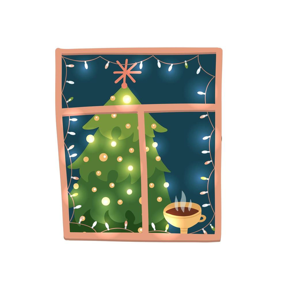 ventana de navidad aislada. vista exterior con árbol de navidad decorado, guirnalda de luces y taza de café caliente. decoración de feliz año nuevo. ilustración vectorial en estilo de dibujos animados plana vector