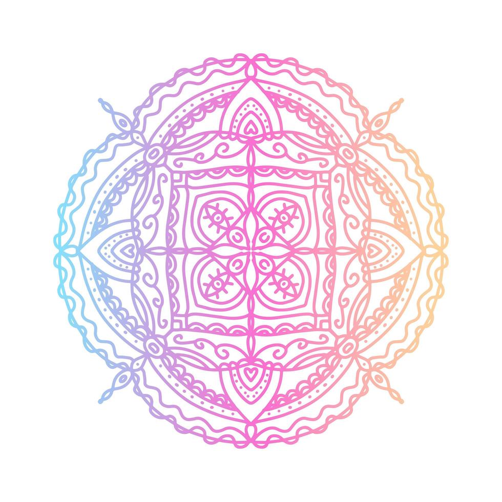 Round bright gradient mandala on white isolated background. Vector boho mandala in blue, yellow and pink colors. Mandala with abstract patterns. Yoga template