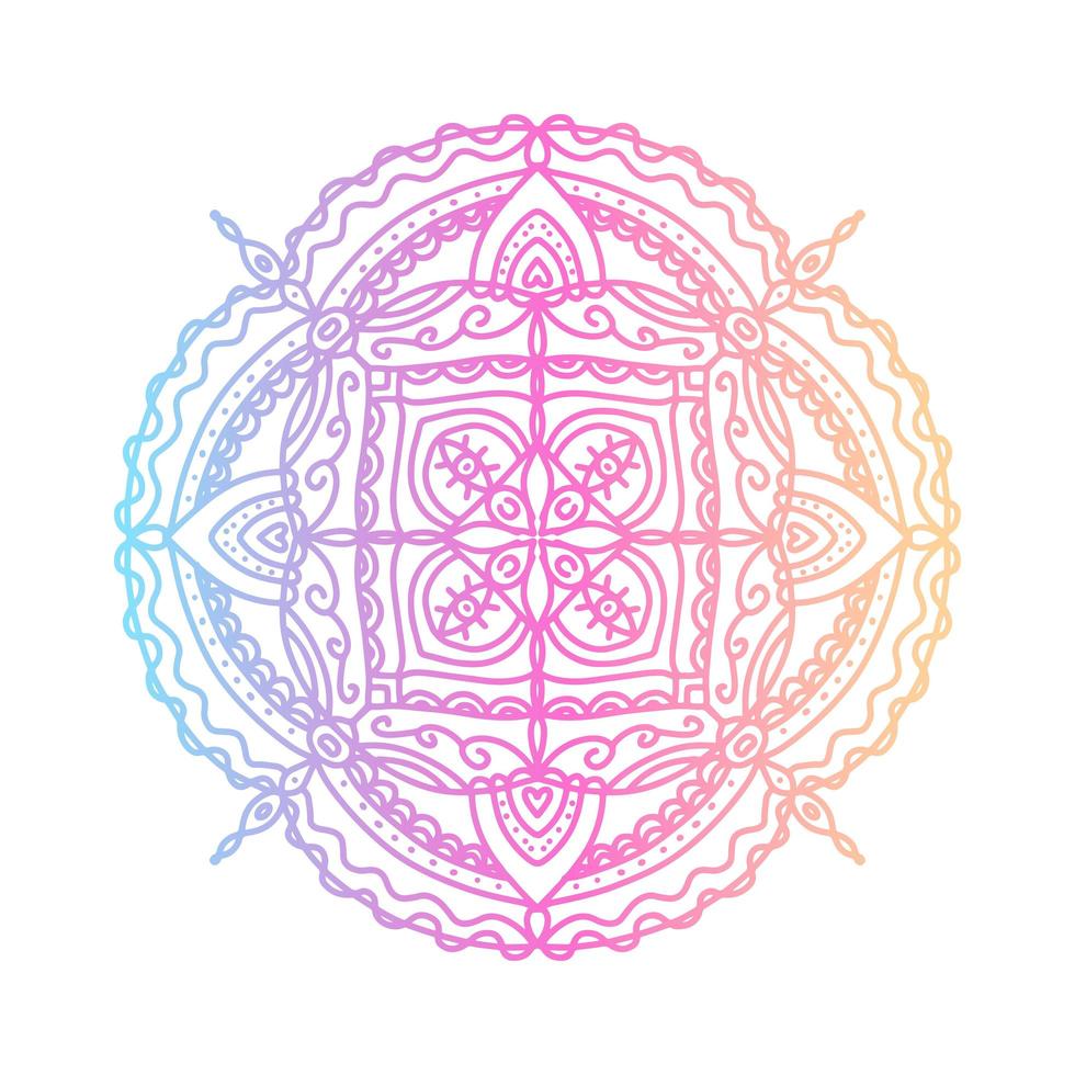 Round bright gradient mandala on white isolated background. Vector boho mandala in blue, yellow and pink colors. Mandala with abstract patterns. Yoga template