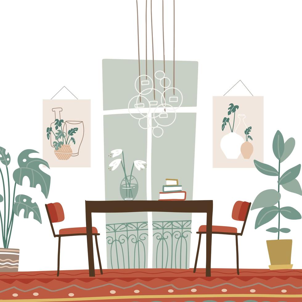 moderno y elegante interior de comedor con mesa y sillas, cuadros, ventana francesa, grandes plantas interiores. ilustración vectorial estilo boho plano. vector