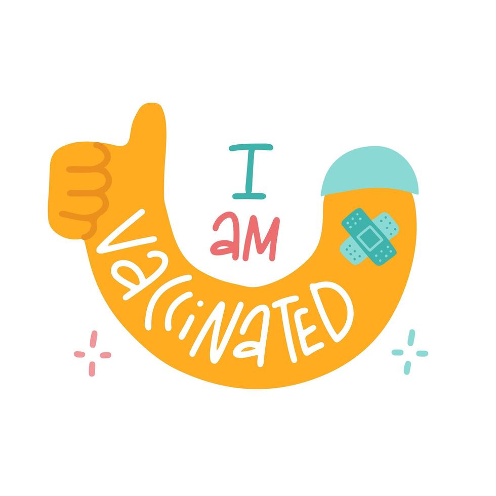 Human after vaccination showing plaster on shoulder with lettering text - I am veccination. Coronavirus immunization, prevention injection. Vaccinated hand gesturing like with raised big finger. vector